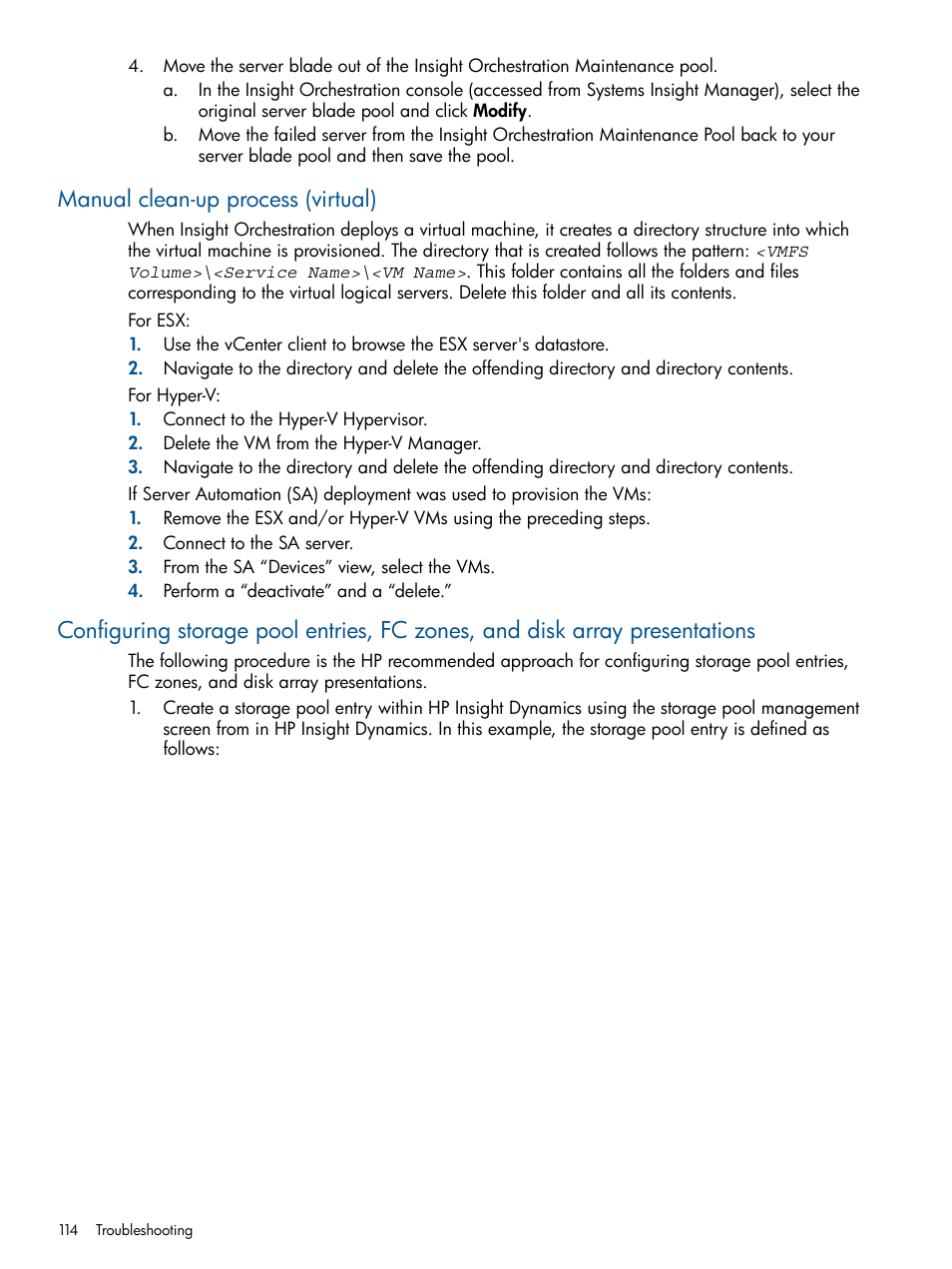 Manual clean-up process (virtual), Configuring storage | HP Matrix Operating Environment Software User Manual | Page 114 / 137