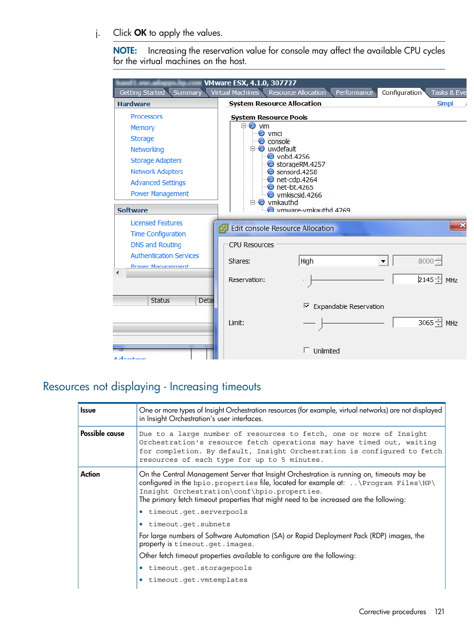 Resources not displaying - increasing timeouts | HP Matrix Operating Environment Software User Manual | Page 121 / 137