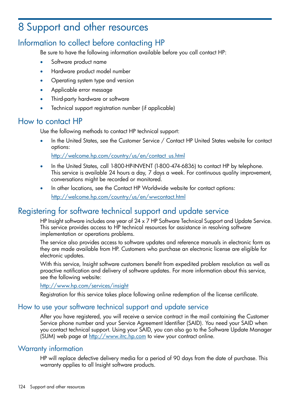 8 support and other resources, Information to collect before contacting hp, How to contact hp | Warranty information | HP Matrix Operating Environment Software User Manual | Page 124 / 137