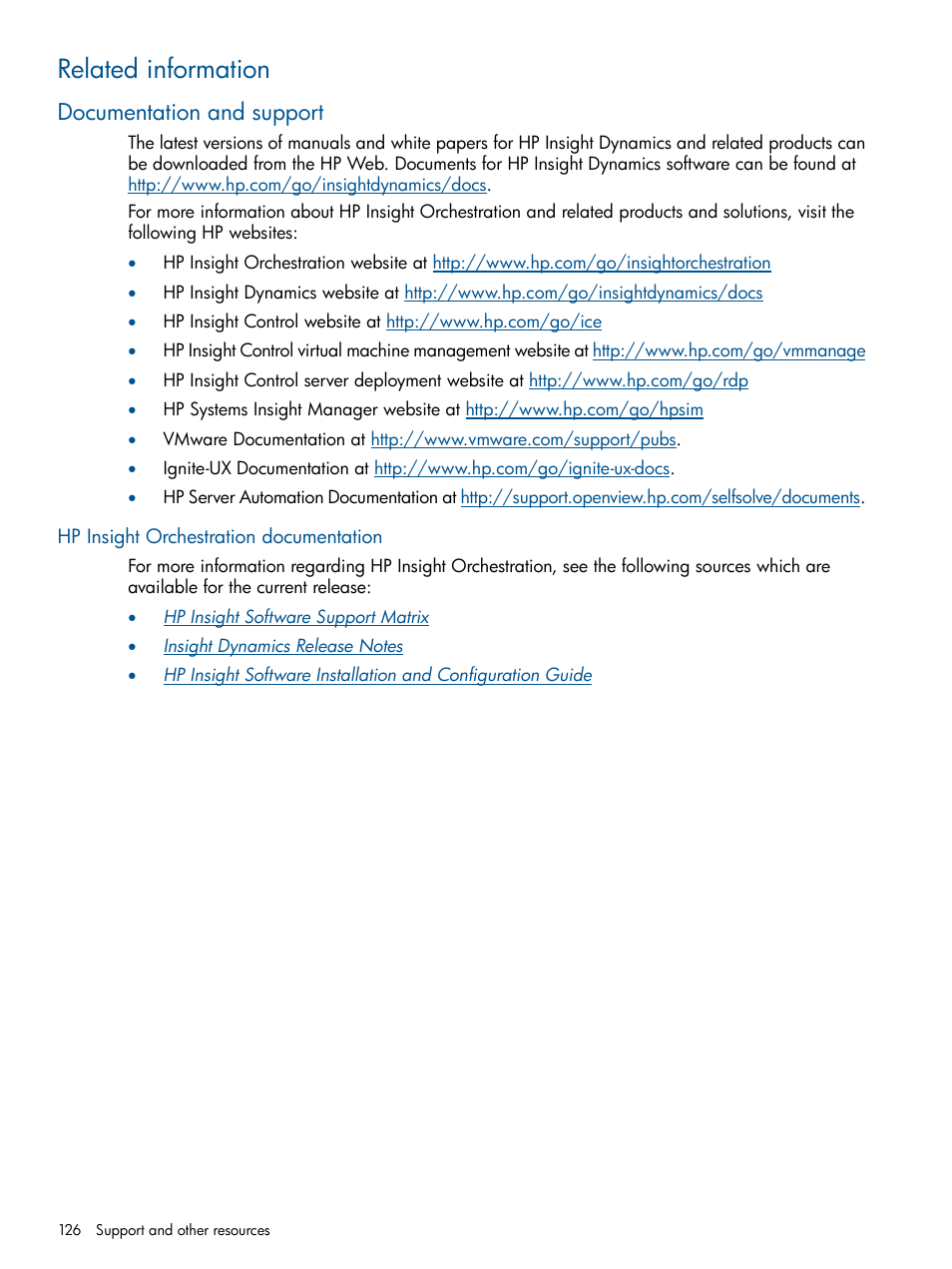 Related information, Documentation and support, Hp insight orchestration documentation | HP Matrix Operating Environment Software User Manual | Page 126 / 137