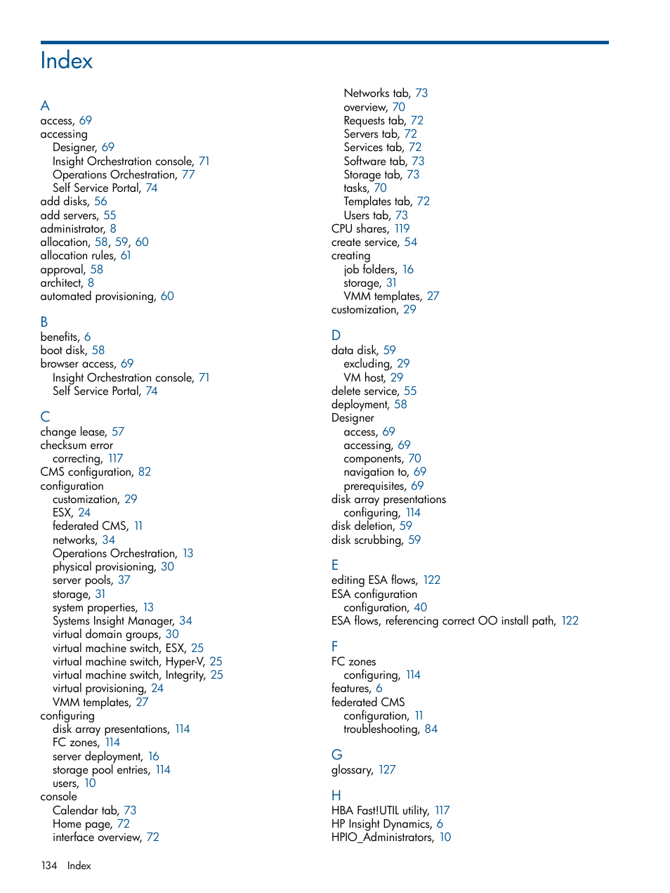 Index | HP Matrix Operating Environment Software User Manual | Page 134 / 137