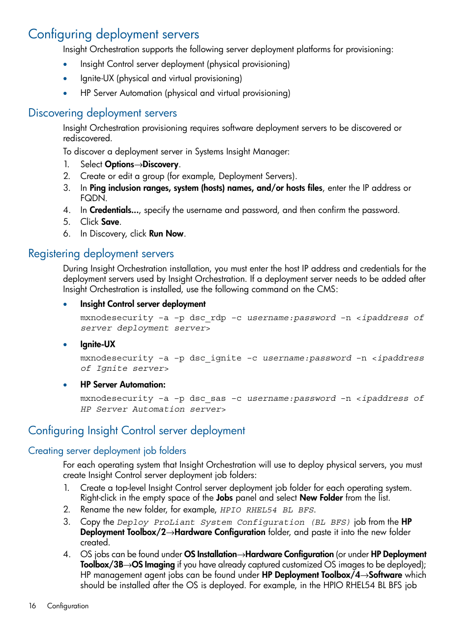 Configuring deployment servers, Discovering deployment servers, Registering deployment servers | Configuring insight control server deployment, Creating server deployment job folders | HP Matrix Operating Environment Software User Manual | Page 16 / 137