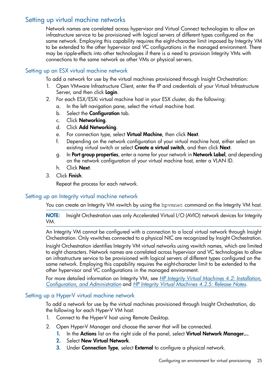 Setting up virtual machine networks, Setting up an esx virtual machine network, Setting up an integrity virtual machine network | Setting up a hyper-v virtual machine network | HP Matrix Operating Environment Software User Manual | Page 25 / 137