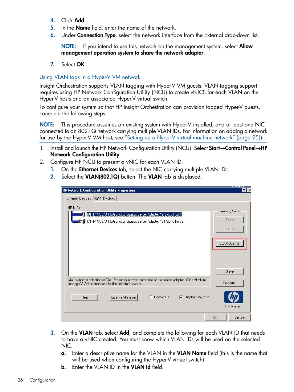 Using vlan tags in a hyper-v vm network | HP Matrix Operating Environment Software User Manual | Page 26 / 137