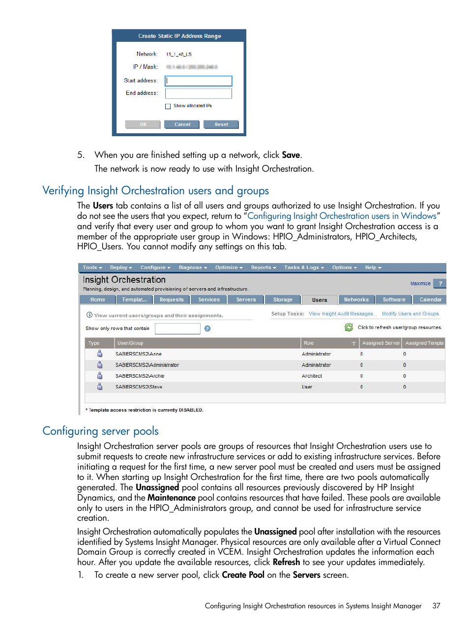 Verifying insight orchestration users and groups, Configuring server pools | HP Matrix Operating Environment Software User Manual | Page 37 / 137