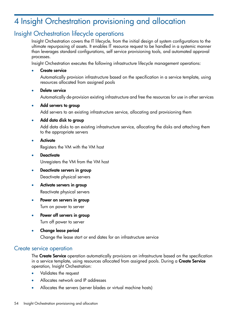 Insight orchestration lifecycle operations, Create service operation | HP Matrix Operating Environment Software User Manual | Page 54 / 137