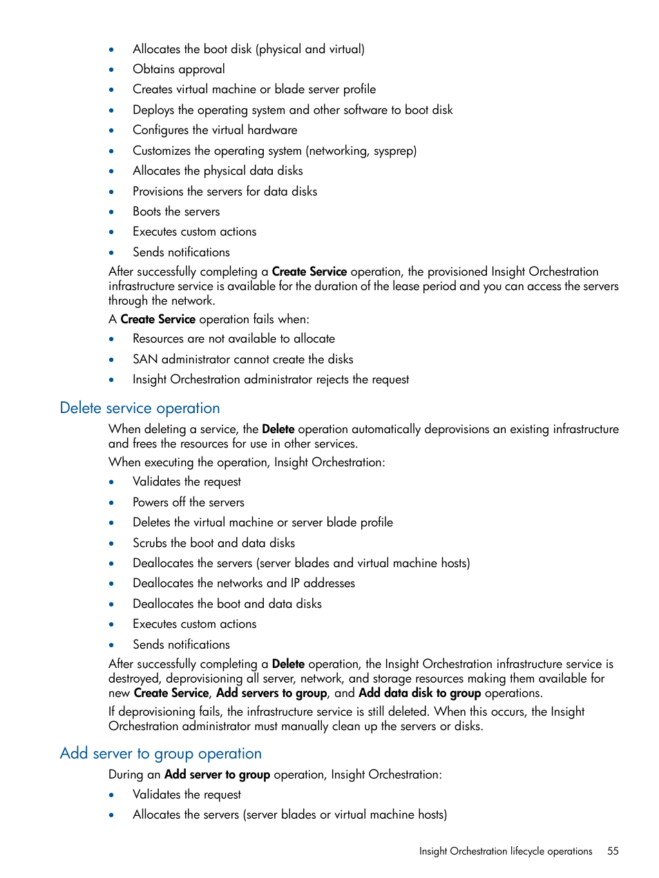 Delete service operation, Add server to group operation | HP Matrix Operating Environment Software User Manual | Page 55 / 137