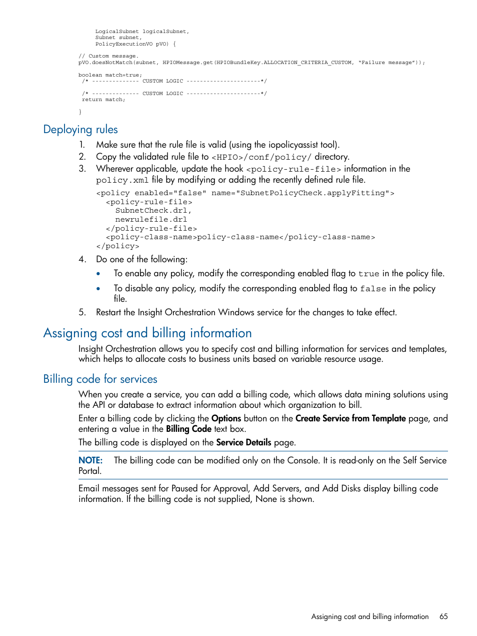 Deploying rules, Assigning cost and billing information, Billing code for services | HP Matrix Operating Environment Software User Manual | Page 65 / 137