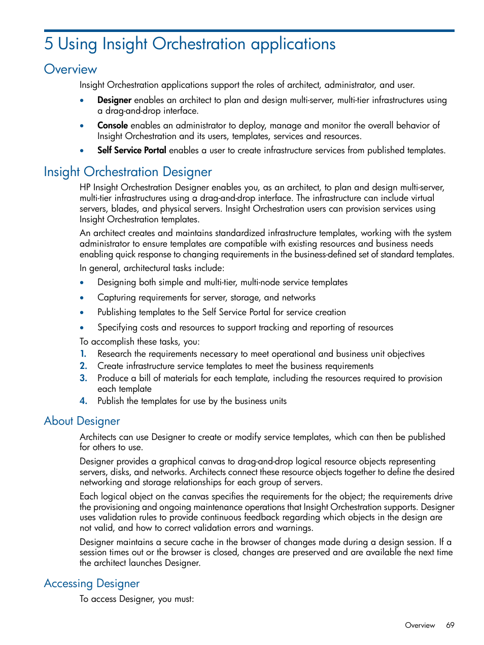 5 using insight orchestration applications, Overview, Insight orchestration designer | About designer, Accessing designer, Overview insight orchestration designer, About designer accessing designer | HP Matrix Operating Environment Software User Manual | Page 69 / 137