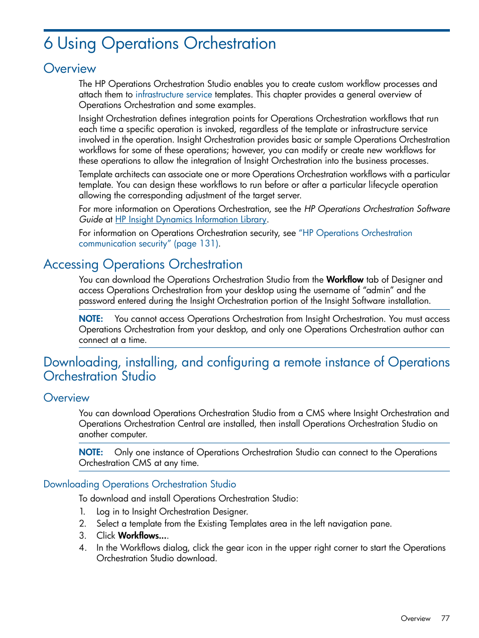 6 using operations orchestration, Overview, Accessing operations orchestration | Downloading operations orchestration studio | HP Matrix Operating Environment Software User Manual | Page 77 / 137