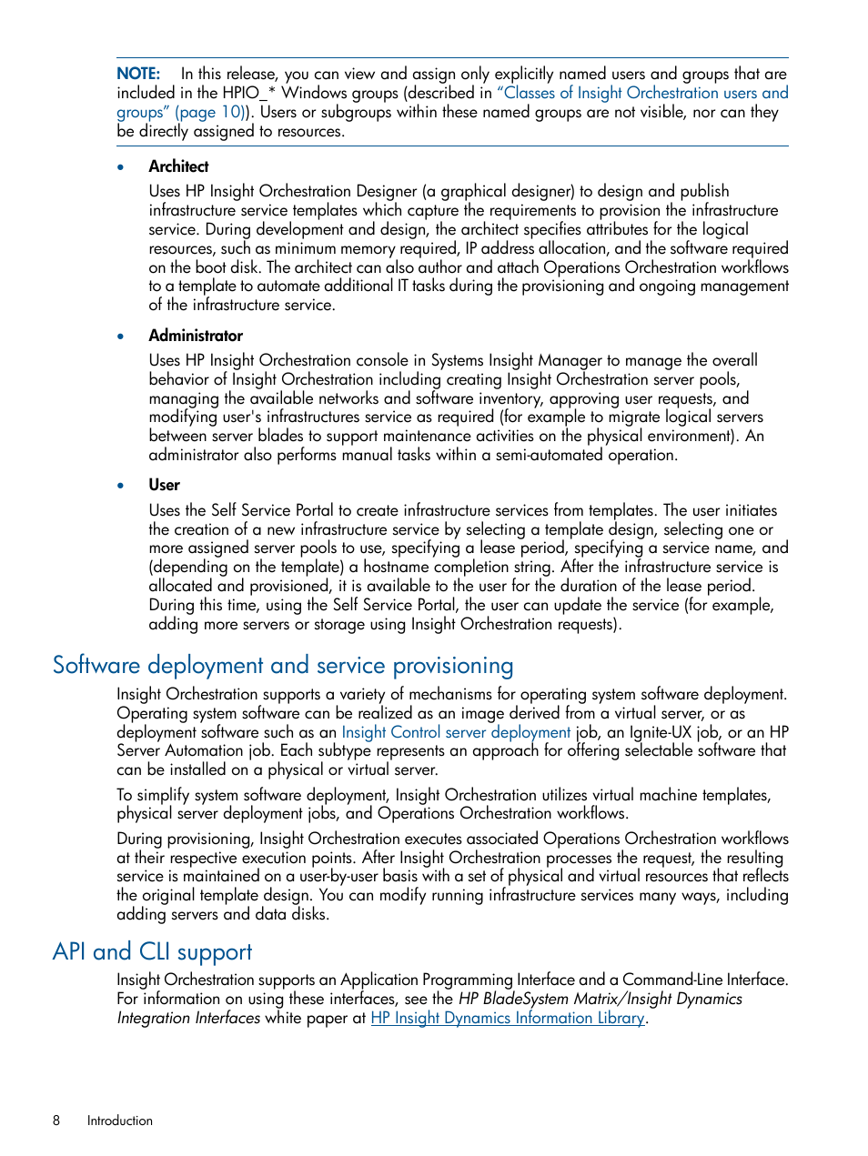 Software deployment and service provisioning, Api and cli support | HP Matrix Operating Environment Software User Manual | Page 8 / 137