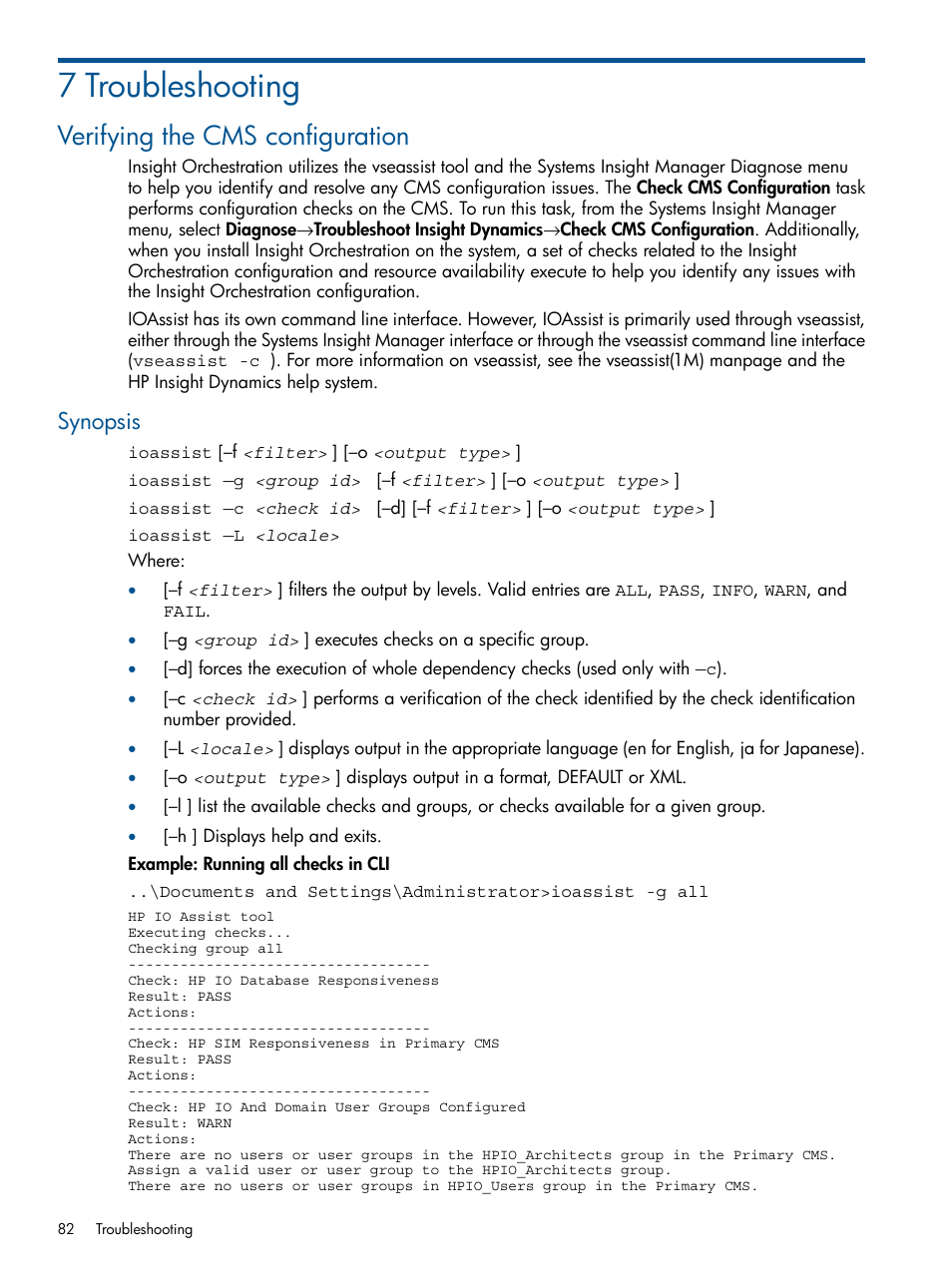 7 troubleshooting, Verifying the cms configuration, Synopsis | HP Matrix Operating Environment Software User Manual | Page 82 / 137