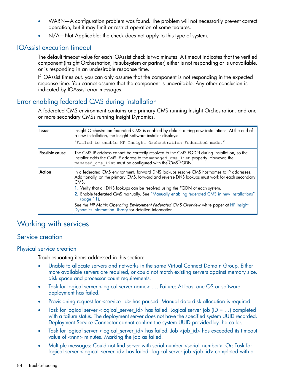 Ioassist execution timeout, Error enabling federated cms during installation, Working with services | Service creation, Physical service creation | HP Matrix Operating Environment Software User Manual | Page 84 / 137