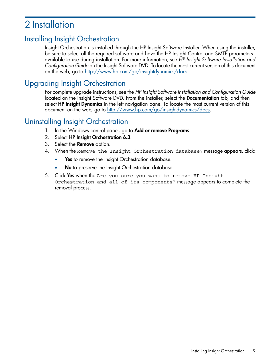 2 installation, Installing insight orchestration, Upgrading insight orchestration | Uninstalling insight orchestration | HP Matrix Operating Environment Software User Manual | Page 9 / 137