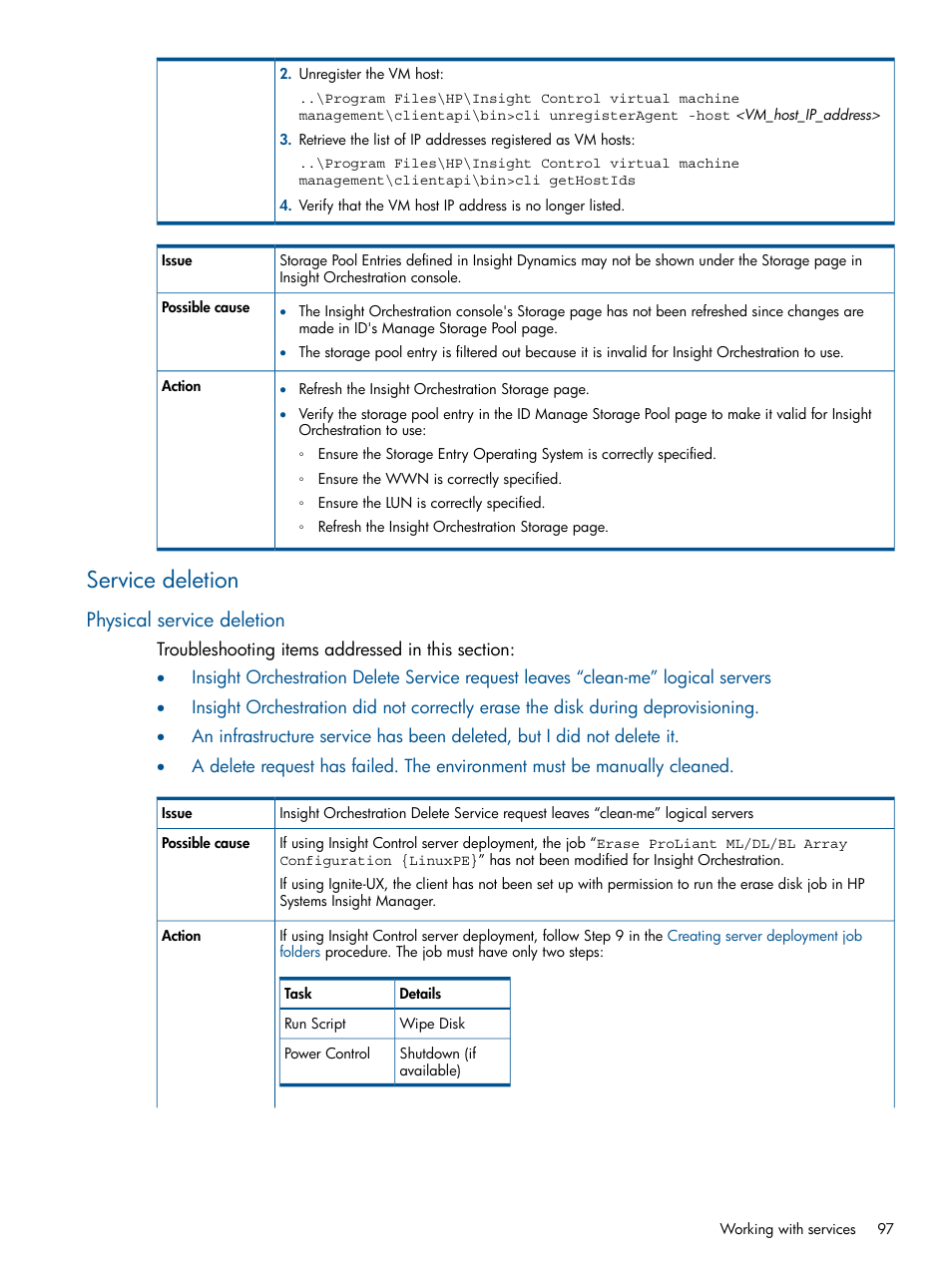 Service deletion, Physical service deletion | HP Matrix Operating Environment Software User Manual | Page 97 / 137