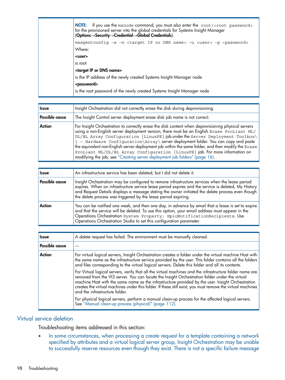 Virtual service deletion | HP Matrix Operating Environment Software User Manual | Page 98 / 137