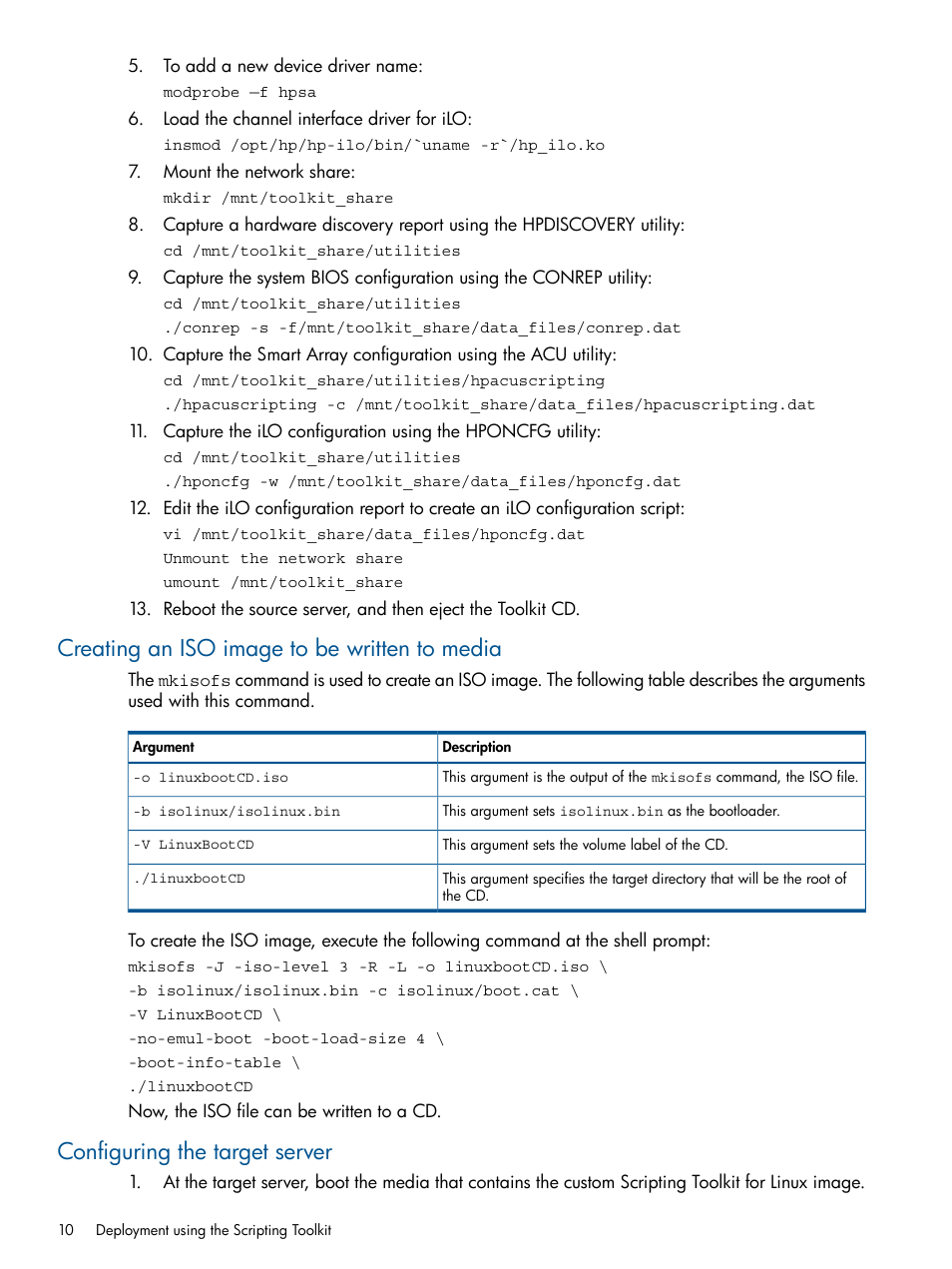 Creating an iso image to be written to media, Configuring the target server | HP Scripting Toolkit for Linux User Manual | Page 10 / 68