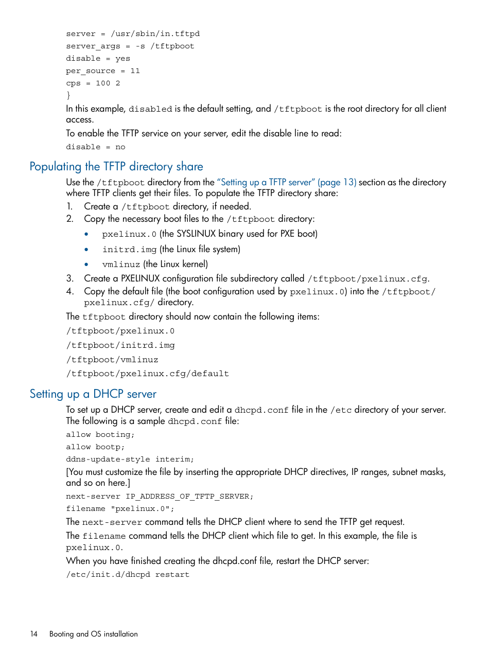 Populating the tftp directory share, Setting up a dhcp server | HP Scripting Toolkit for Linux User Manual | Page 14 / 68