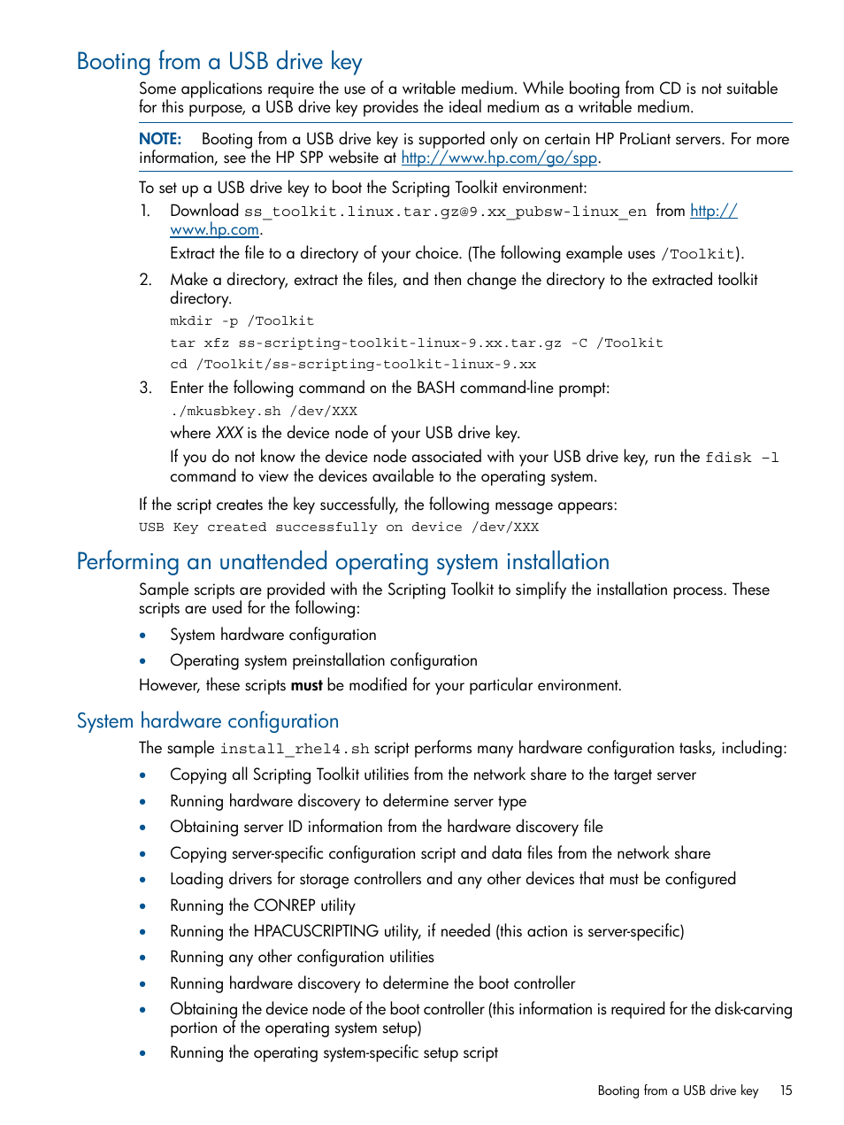 Booting from a usb drive key, System hardware configuration | HP Scripting Toolkit for Linux User Manual | Page 15 / 68