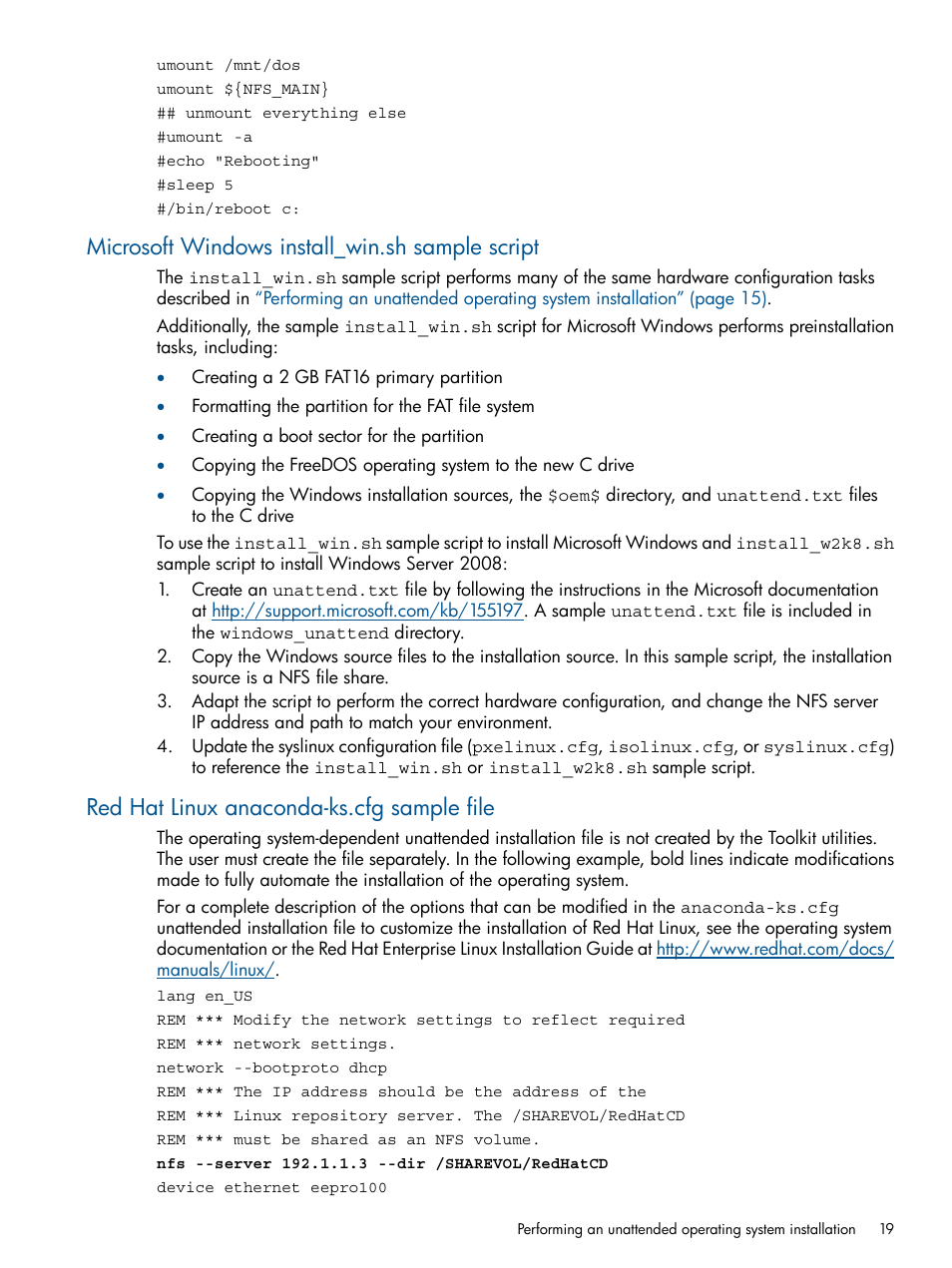 Microsoft windows install_win.sh sample script, Red hat linux anaconda-ks.cfg sample file | HP Scripting Toolkit for Linux User Manual | Page 19 / 68