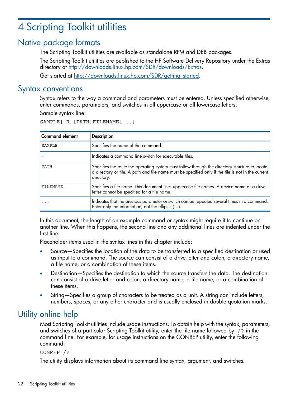 4 scripting toolkit utilities, Native package formats, Syntax conventions | Utility online help | HP Scripting Toolkit for Linux User Manual | Page 22 / 68