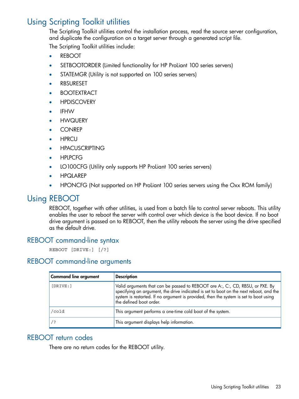 Using scripting toolkit utilities, Using reboot, Reboot command-line syntax | Reboot command-line arguments, Reboot return codes, Using scripting toolkit utilities using reboot | HP Scripting Toolkit for Linux User Manual | Page 23 / 68
