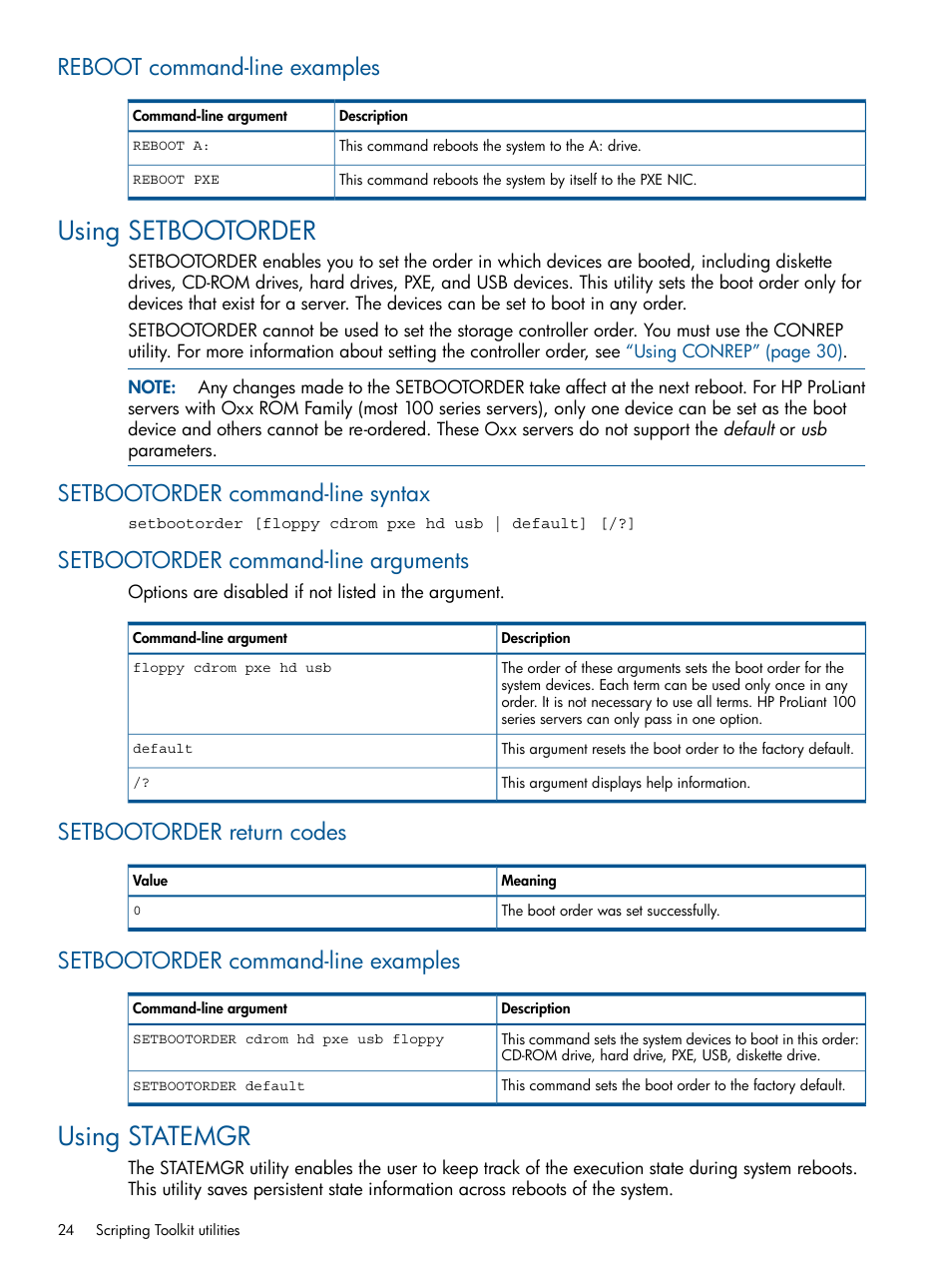 Reboot command-line examples, Using setbootorder, Setbootorder command-line syntax | Setbootorder command-line arguments, Setbootorder return codes, Setbootorder command-line examples, Using statemgr | HP Scripting Toolkit for Linux User Manual | Page 24 / 68