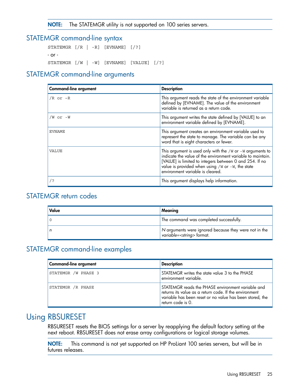 Statemgr command-line syntax, Statemgr command-line arguments, Statemgr return codes | Statemgr command-line examples, Using rbsureset | HP Scripting Toolkit for Linux User Manual | Page 25 / 68