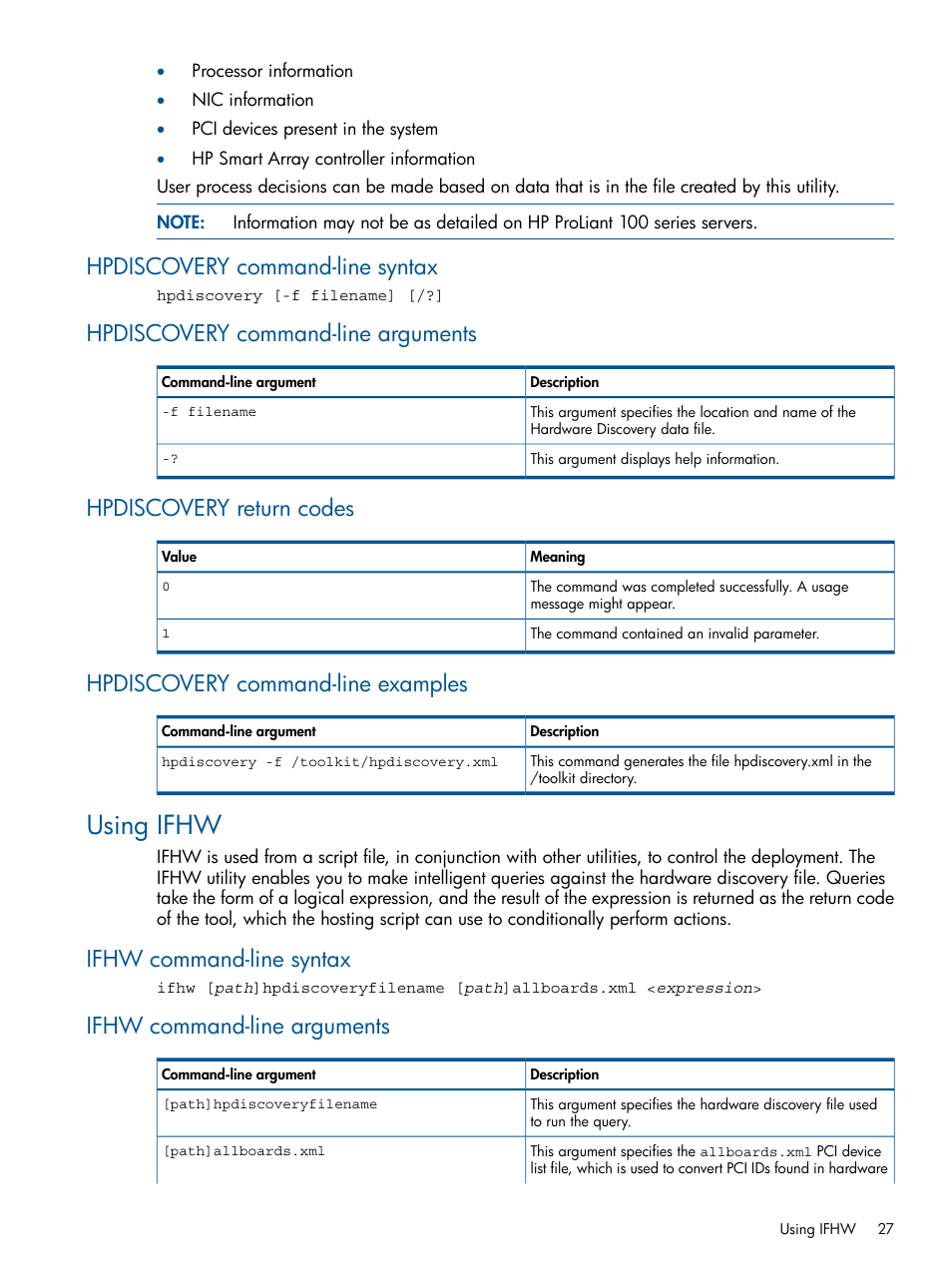 Hpdiscovery command-line syntax, Hpdiscovery command-line arguments, Hpdiscovery return codes | Hpdiscovery command-line examples, Using ifhw, Ifhw command-line syntax, Ifhw command-line arguments | HP Scripting Toolkit for Linux User Manual | Page 27 / 68