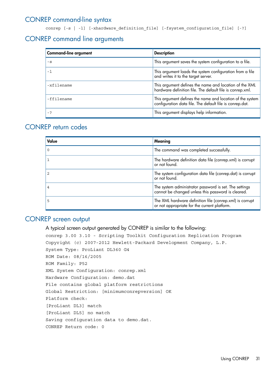 Conrep command-line syntax, Conrep command line arguments, Conrep return codes | Conrep screen output | HP Scripting Toolkit for Linux User Manual | Page 31 / 68