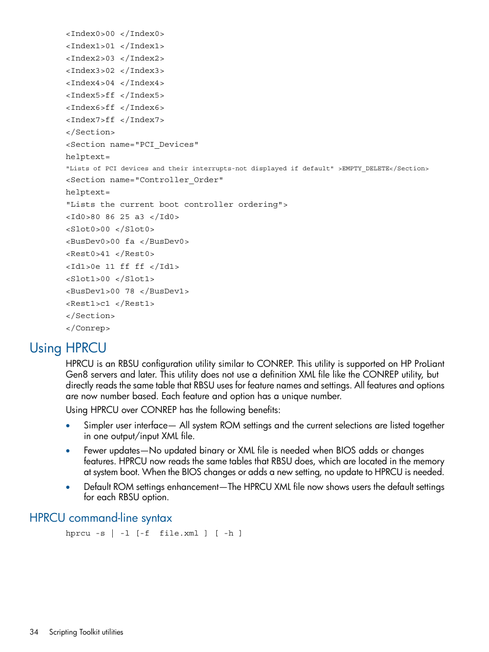 Using hprcu, Hprcu command-line syntax | HP Scripting Toolkit for Linux User Manual | Page 34 / 68