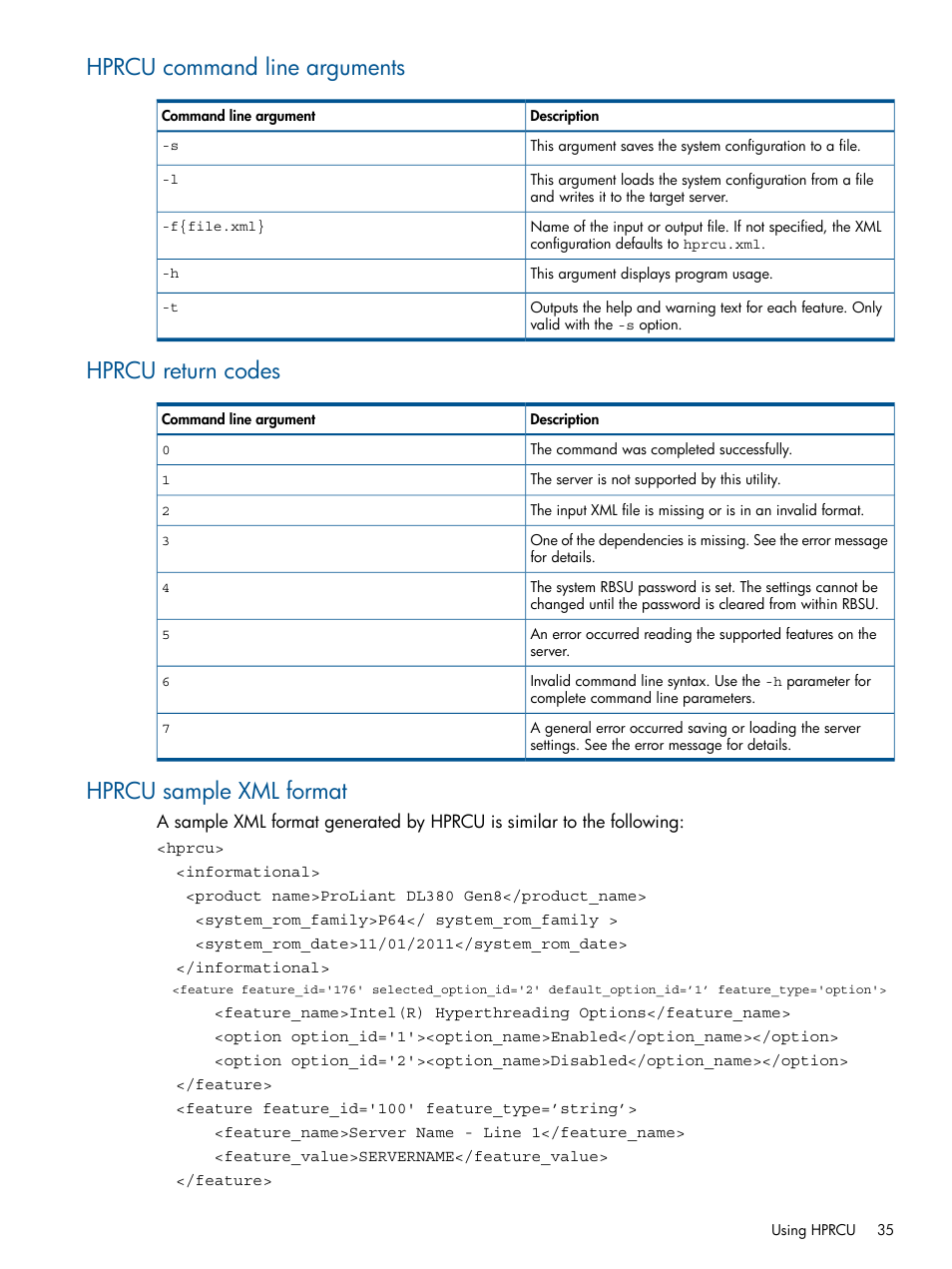 Hprcu command line arguments, Hprcu return codes, Hprcu sample xml format | HP Scripting Toolkit for Linux User Manual | Page 35 / 68