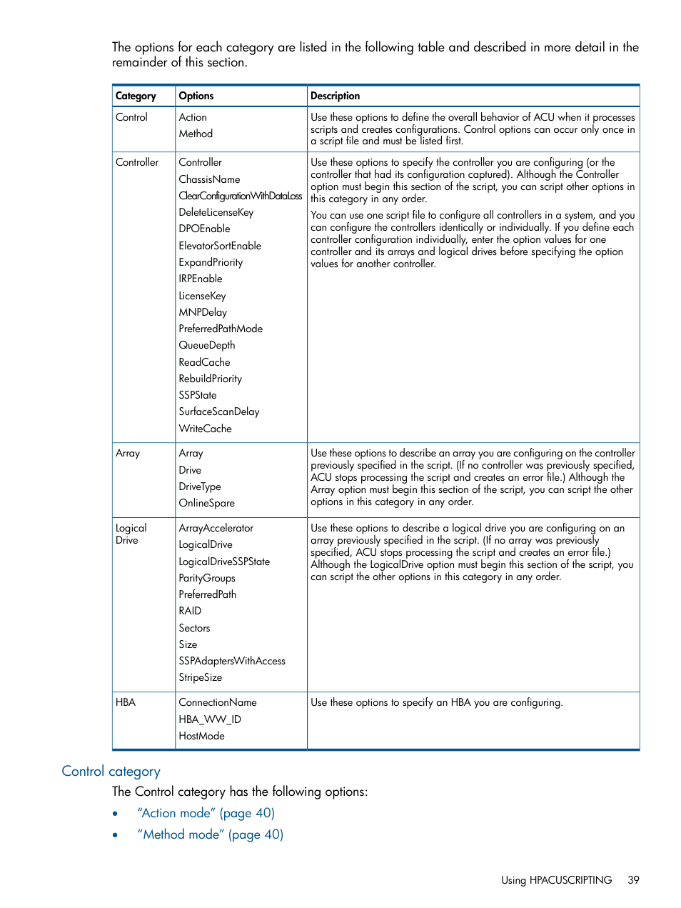 Control category | HP Scripting Toolkit for Linux User Manual | Page 39 / 68