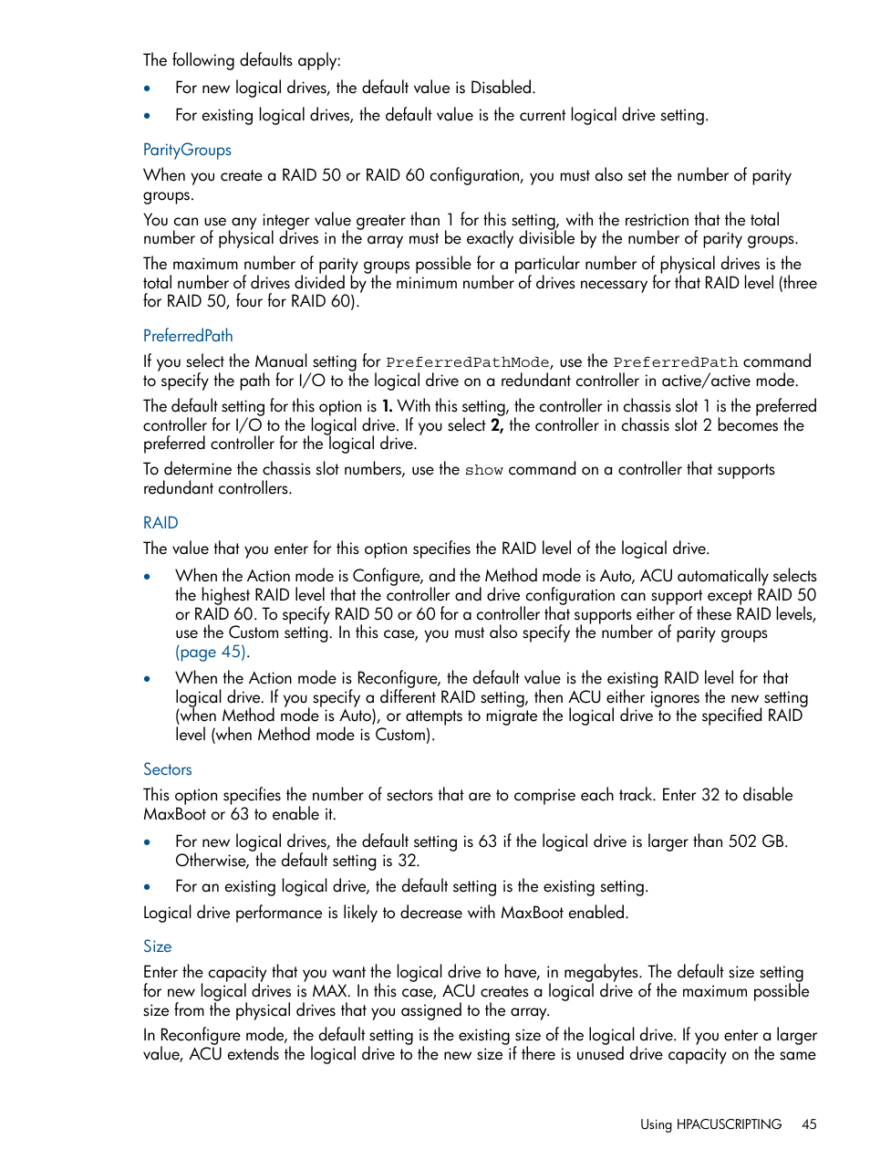 Paritygroups, Preferredpath, Raid | Sectors, Size, Paritygroups preferredpath raid sectors size | HP Scripting Toolkit for Linux User Manual | Page 45 / 68