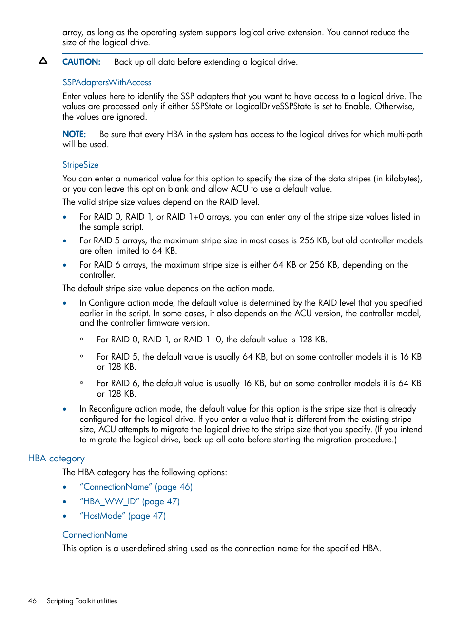 Sspadapterswithaccess, Stripesize, Hba category | Connectionname, Sspadapterswithaccess stripesize | HP Scripting Toolkit for Linux User Manual | Page 46 / 68