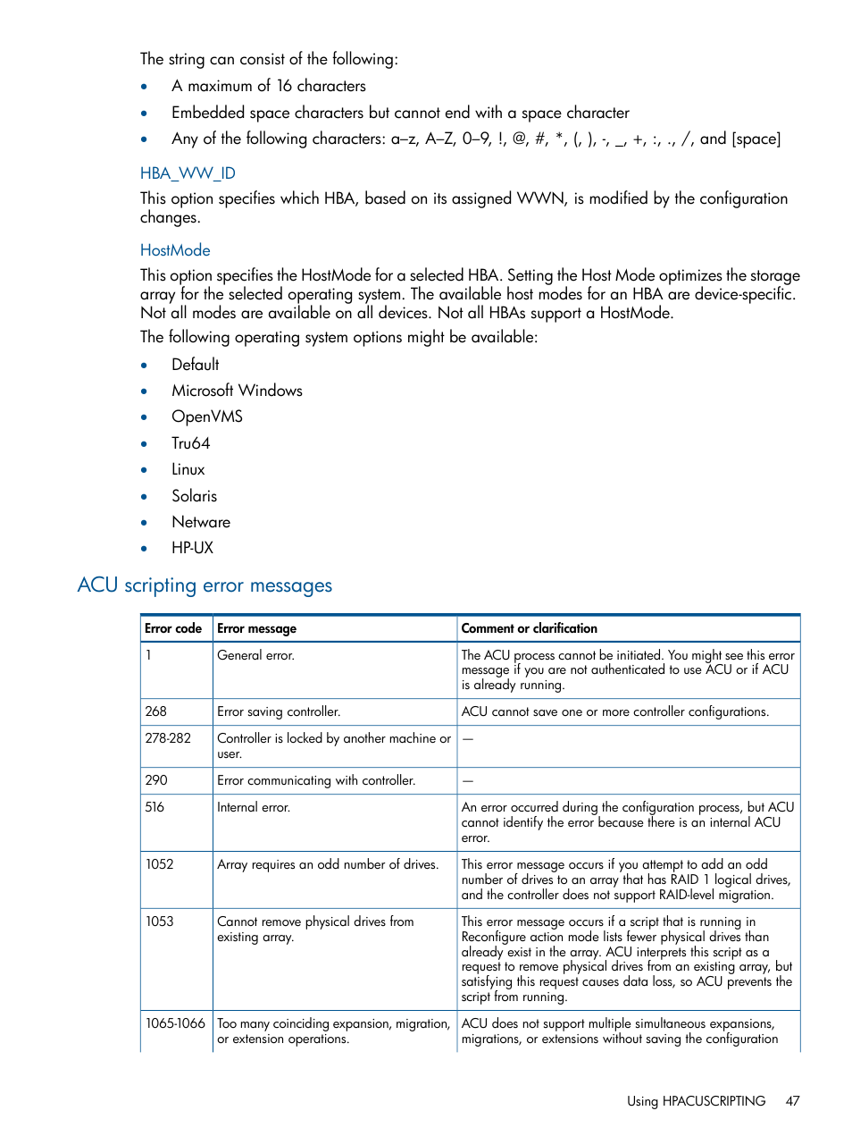 Hba_ww_id, Hostmode, Acu scripting error messages | Hba_ww_id hostmode | HP Scripting Toolkit for Linux User Manual | Page 47 / 68