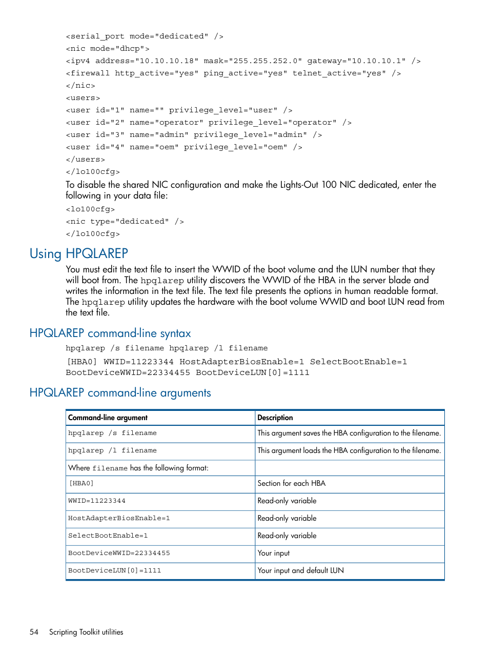 Using hpqlarep, Hpqlarep command-line syntax, Hpqlarep command-line arguments | HP Scripting Toolkit for Linux User Manual | Page 54 / 68