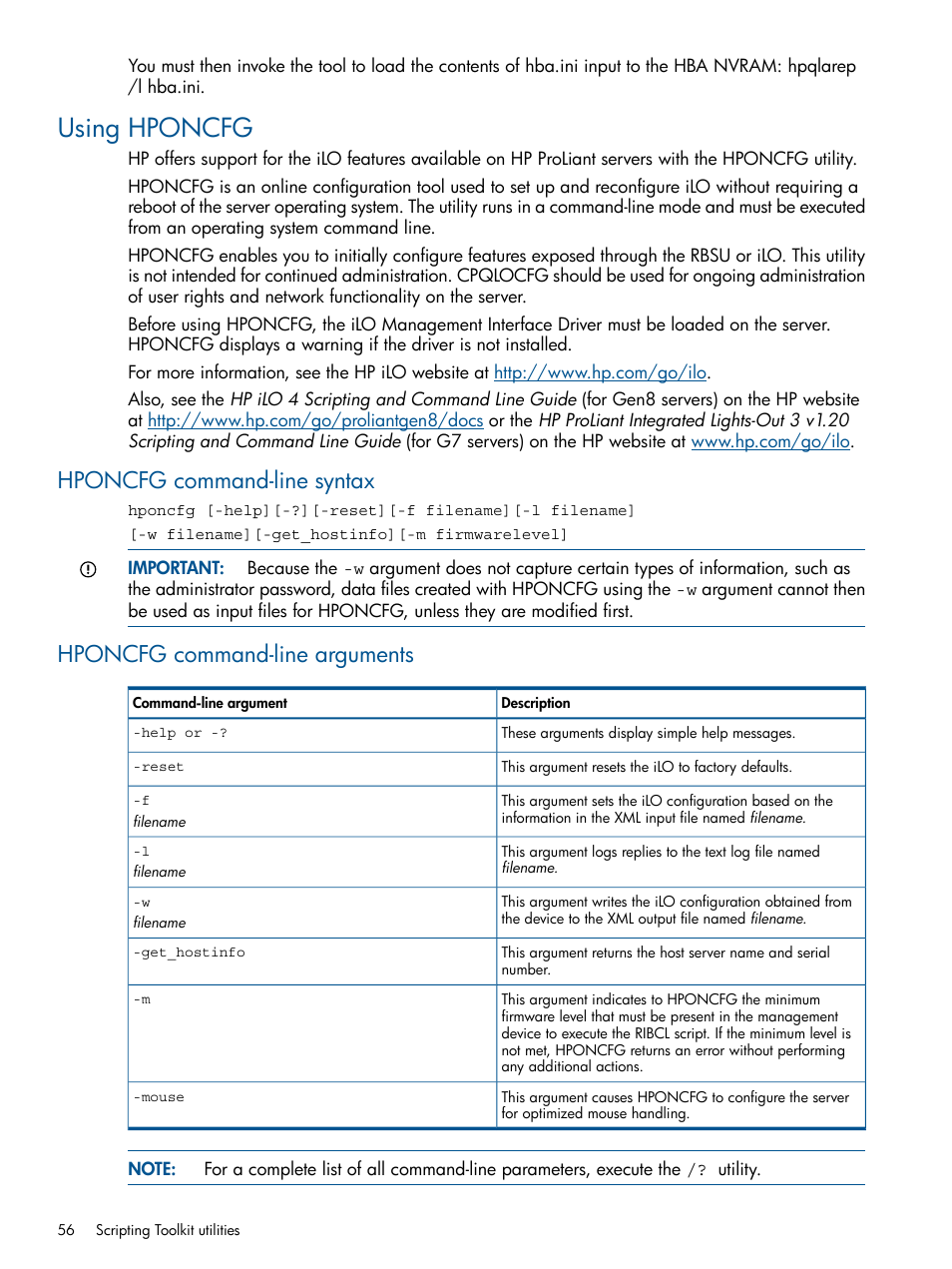 Using hponcfg, Hponcfg command-line syntax, Hponcfg command-line arguments | HP Scripting Toolkit for Linux User Manual | Page 56 / 68