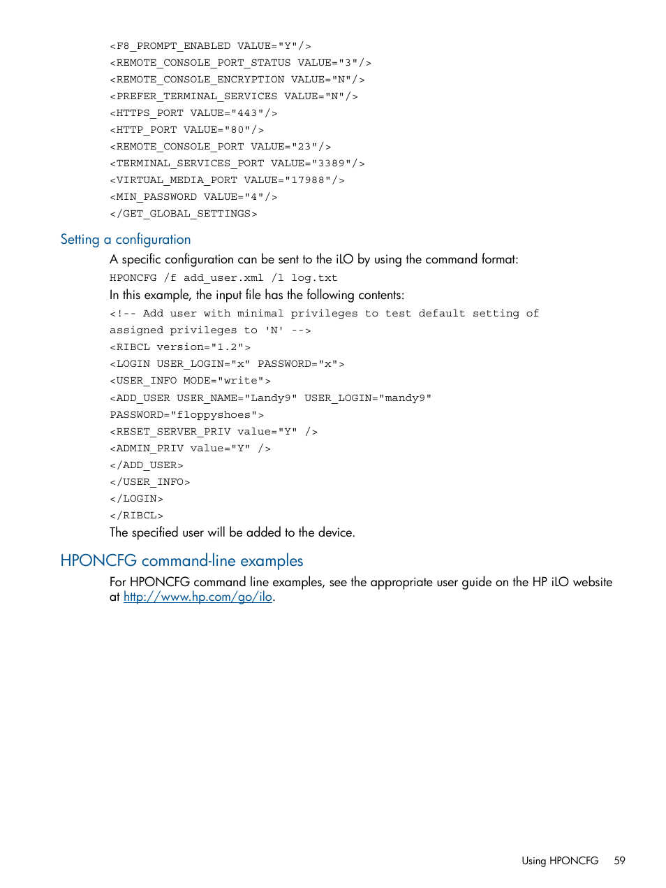 Setting a configuration, Hponcfg command-line examples | HP Scripting Toolkit for Linux User Manual | Page 59 / 68