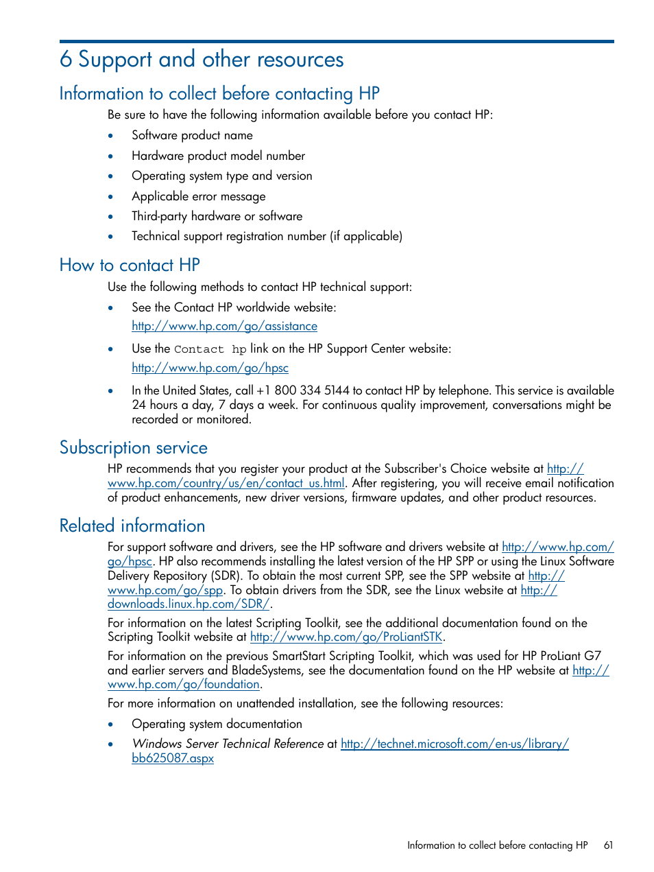 6 support and other resources, Information to collect before contacting hp, How to contact hp | Subscription service, Related information | HP Scripting Toolkit for Linux User Manual | Page 61 / 68