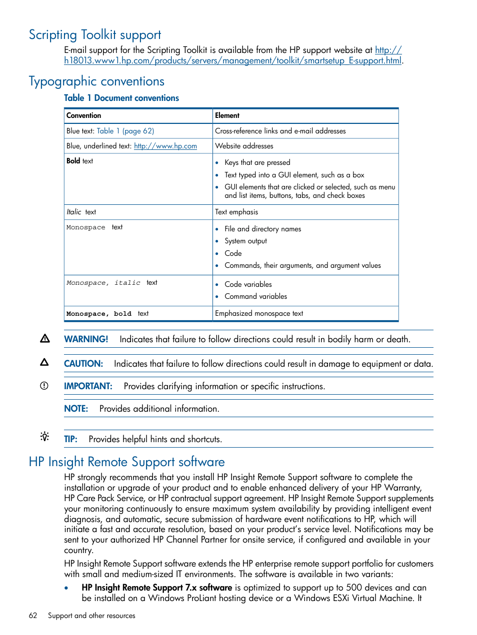 Scripting toolkit support, Typographic conventions, Hp insight remote support software | HP Scripting Toolkit for Linux User Manual | Page 62 / 68