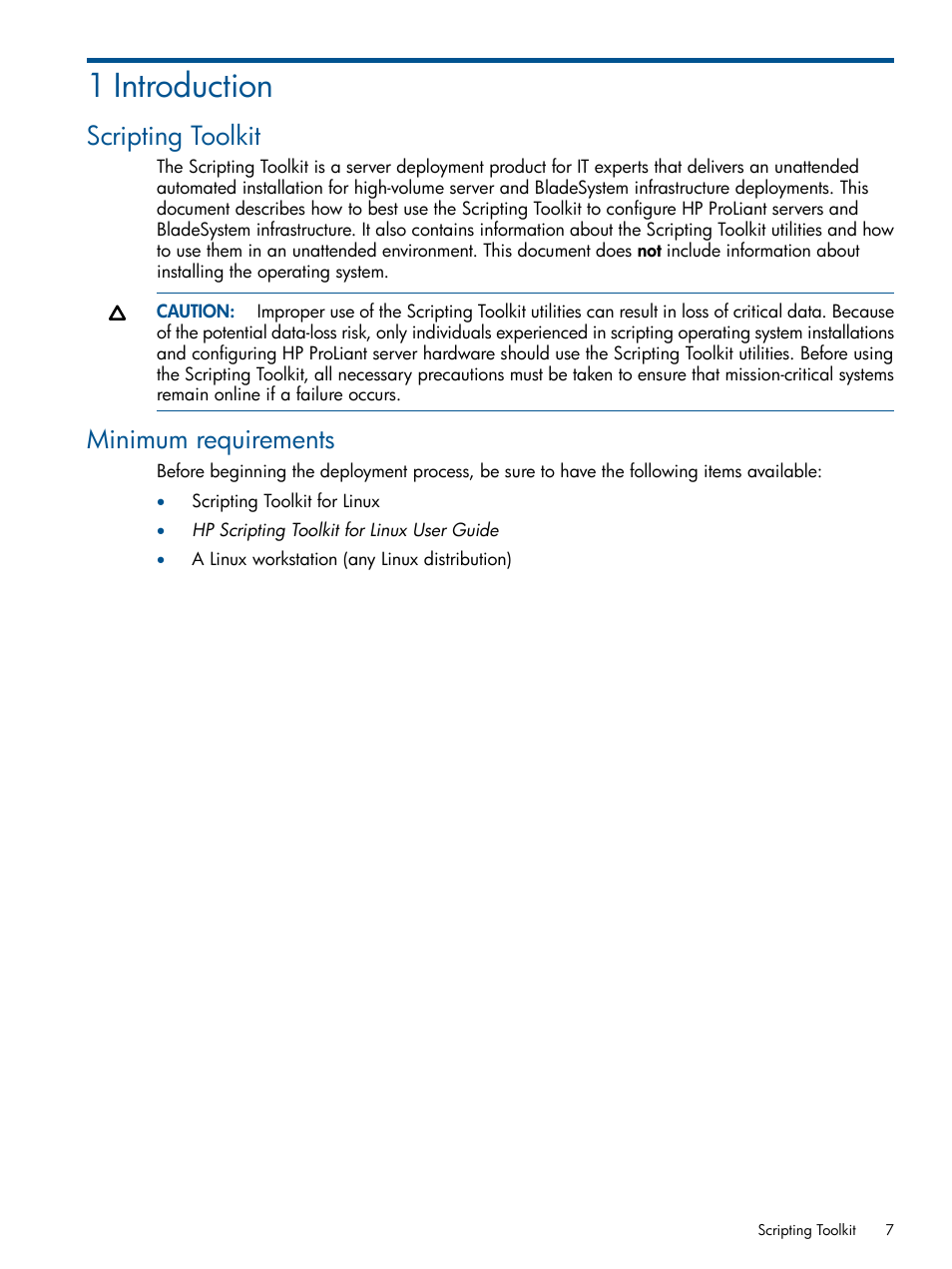 1 introduction, Scripting toolkit, Minimum requirements | Scripting toolkit minimum requirements | HP Scripting Toolkit for Linux User Manual | Page 7 / 68