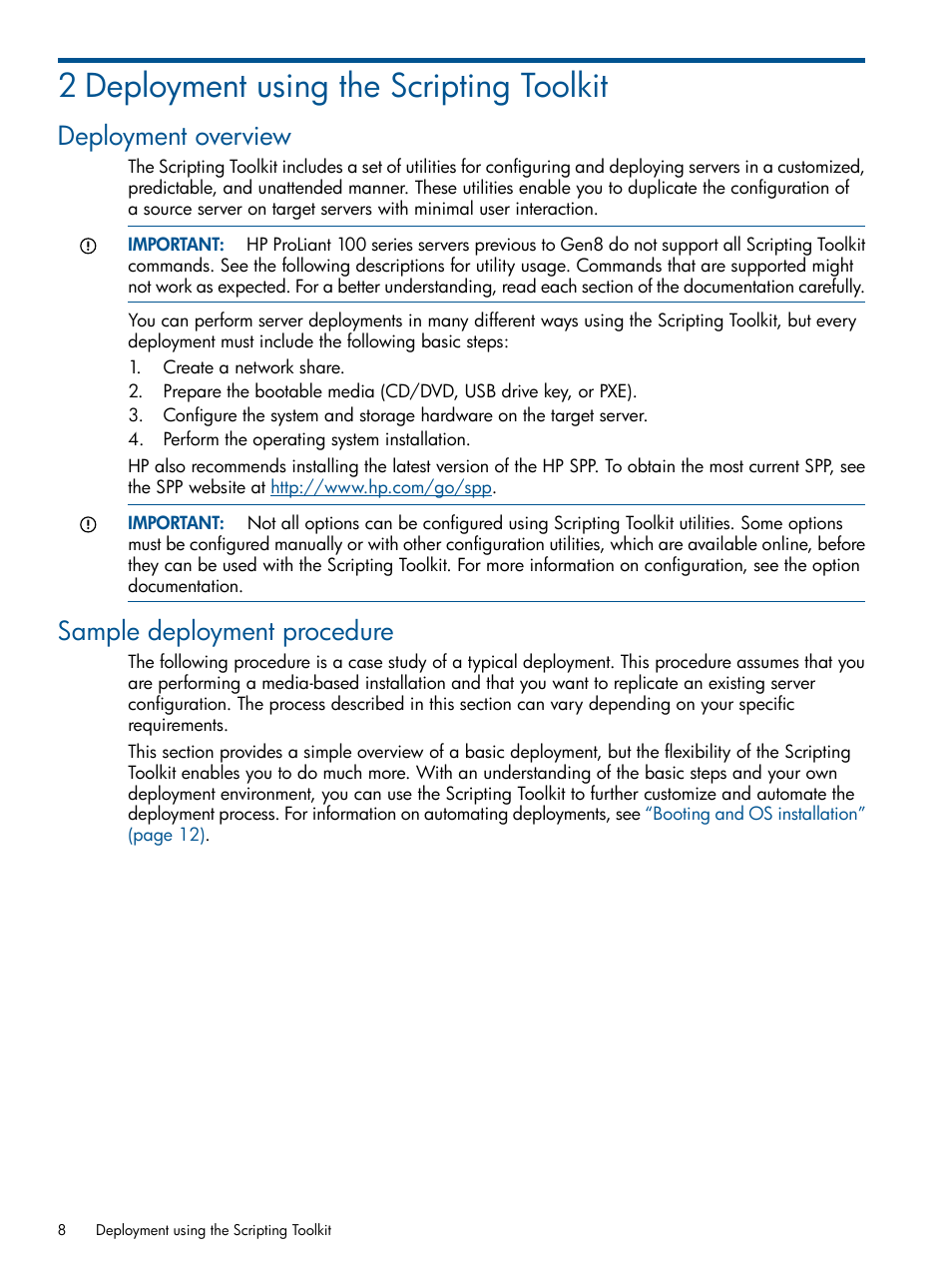 2 deployment using the scripting toolkit, Deployment overview, Sample deployment procedure | Deployment overview sample deployment procedure | HP Scripting Toolkit for Linux User Manual | Page 8 / 68