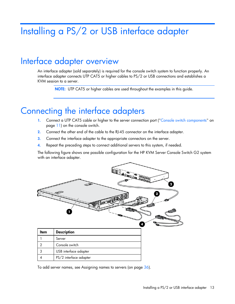 Installing a ps/2 or usb interface adapter, Interface adapter overview, Connecting the interface adapters | HP Compaq Server Console Switches User Manual | Page 13 / 54