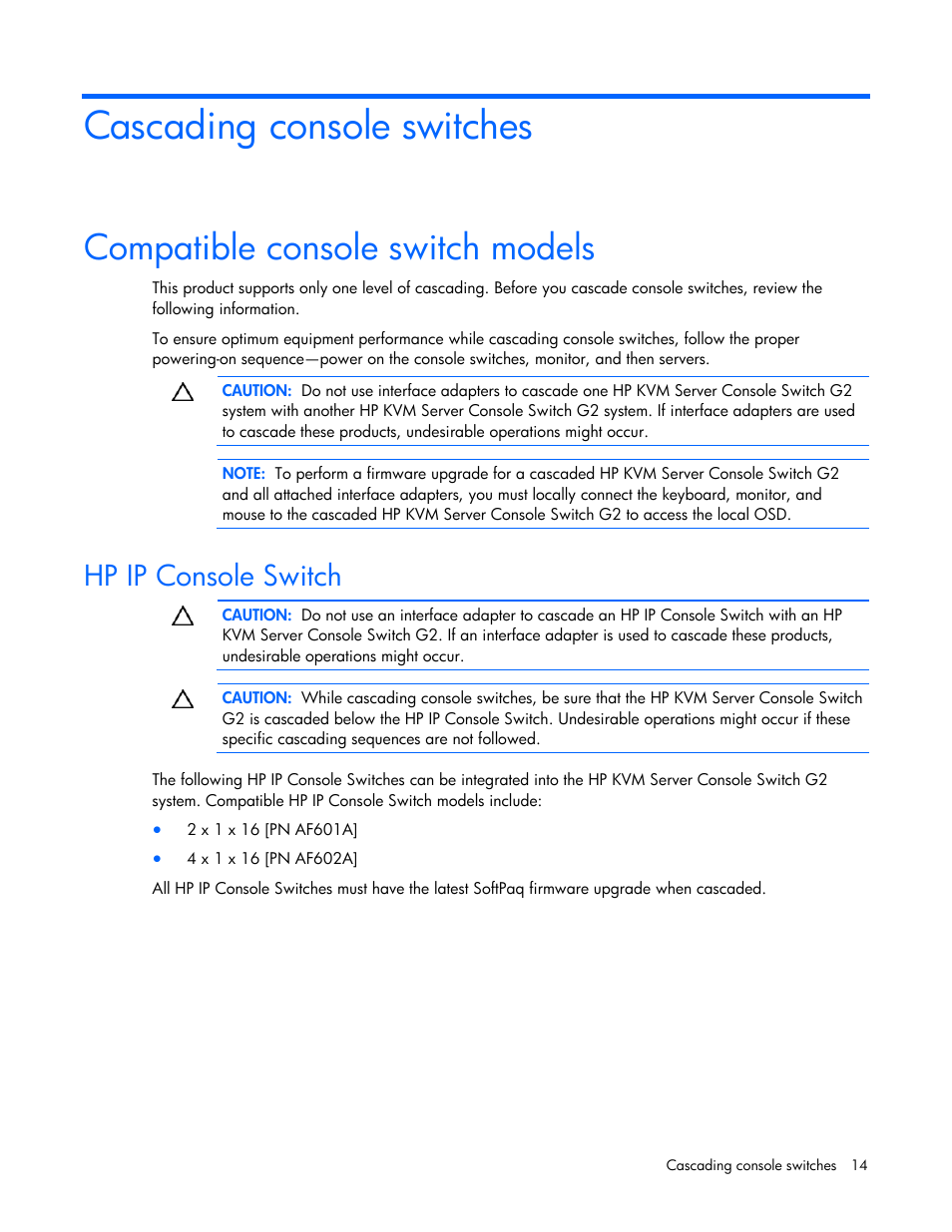 Cascading console switches, Compatible console switch models, Hp ip console switch | HP Compaq Server Console Switches User Manual | Page 14 / 54
