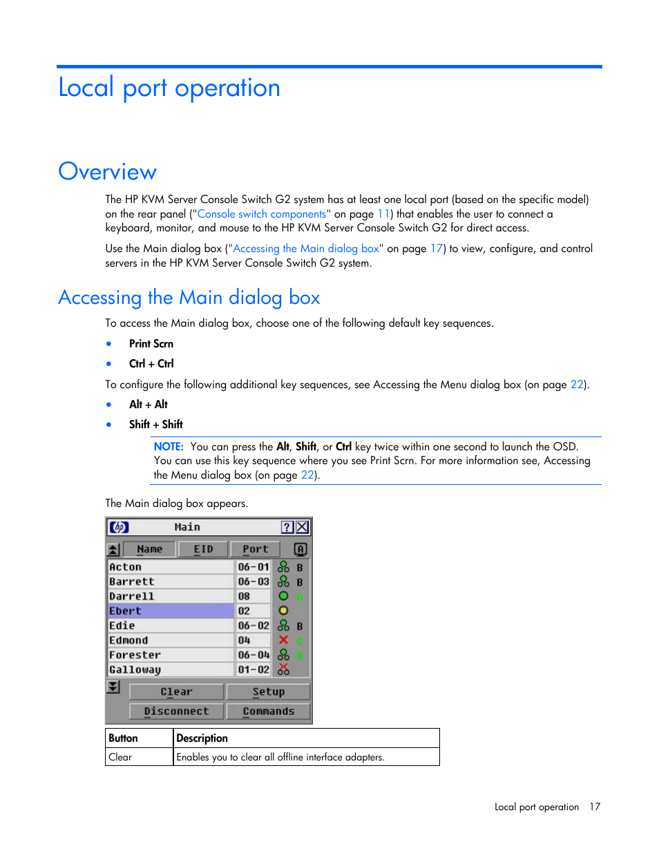 Local port operation, Overview, Accessing the main dialog box | HP Compaq Server Console Switches User Manual | Page 17 / 54
