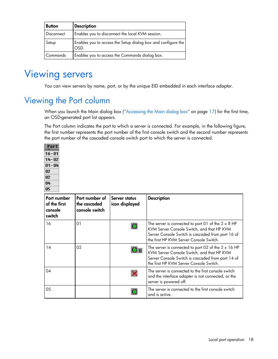 Viewing servers, Viewing the port column | HP Compaq Server Console Switches User Manual | Page 18 / 54