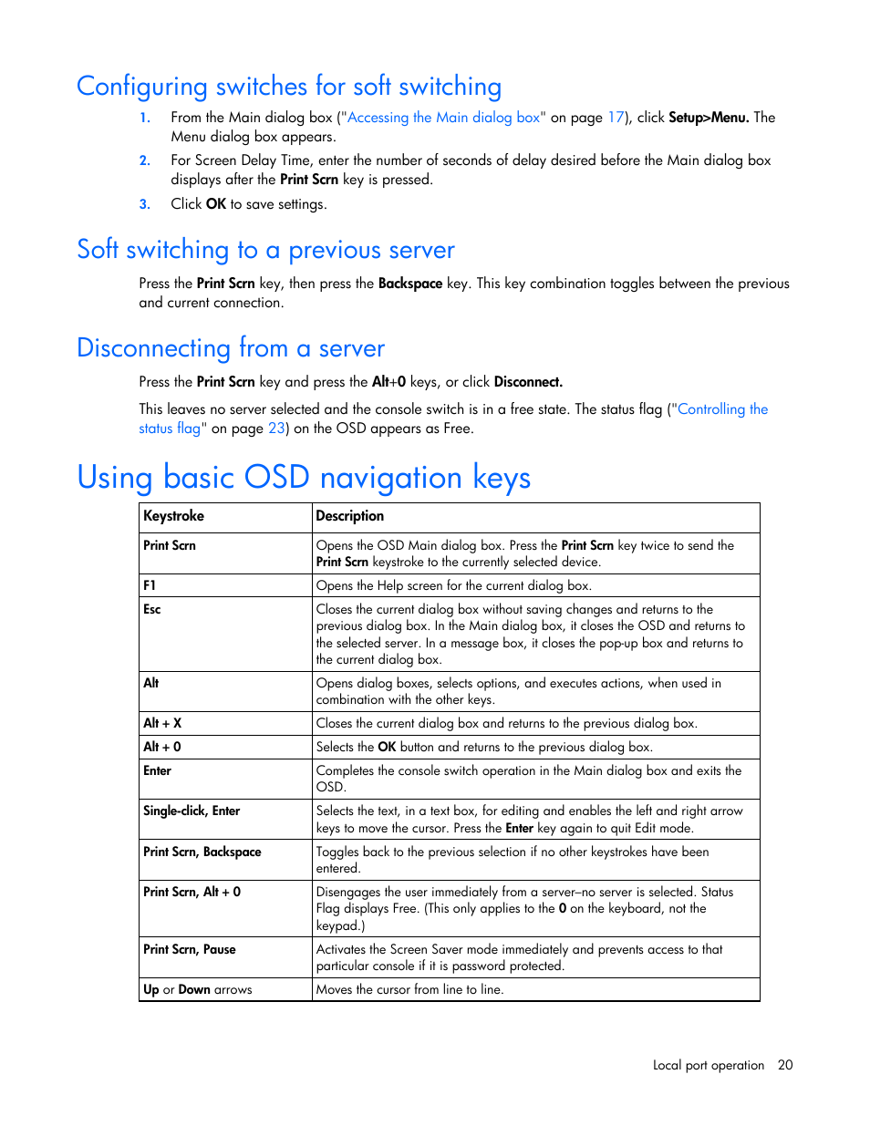 Configuring switches for soft switching, Soft switching to a previous server, Disconnecting from a server | Using basic osd navigation keys | HP Compaq Server Console Switches User Manual | Page 20 / 54