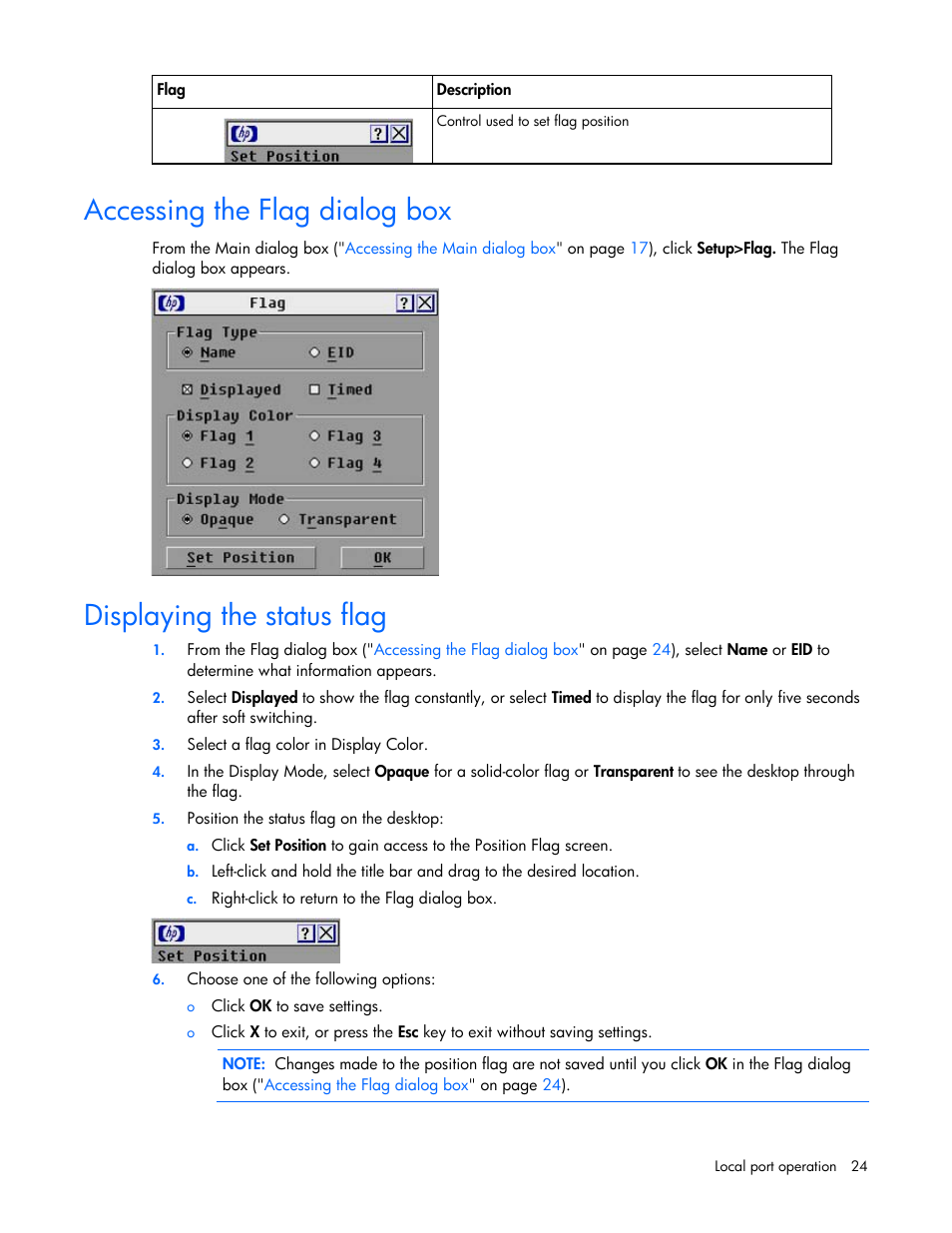 Accessing the flag dialog box, Displaying the status flag, Dialog box | HP Compaq Server Console Switches User Manual | Page 24 / 54