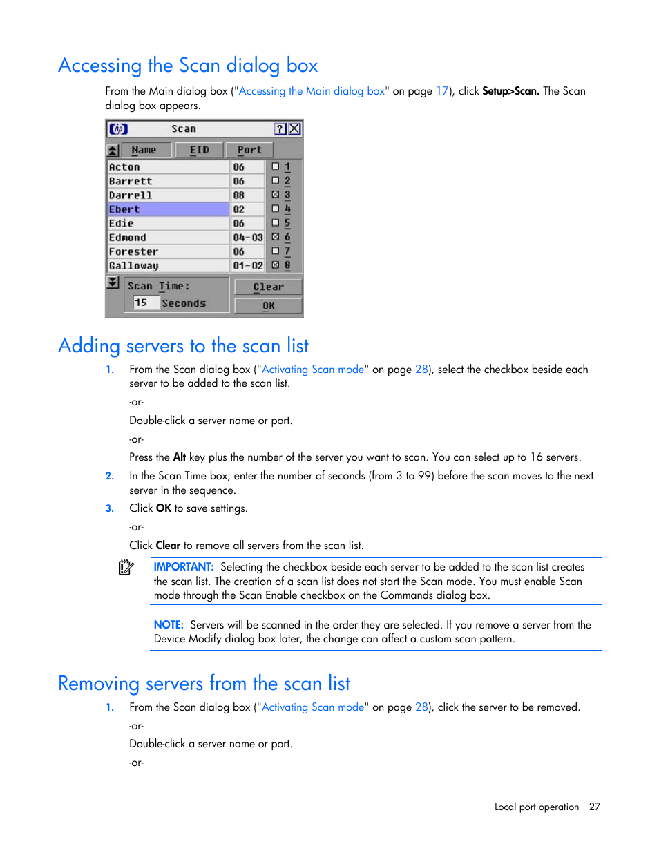 Accessing the scan dialog box, Adding servers to the scan list, Removing servers from the scan list | HP Compaq Server Console Switches User Manual | Page 27 / 54